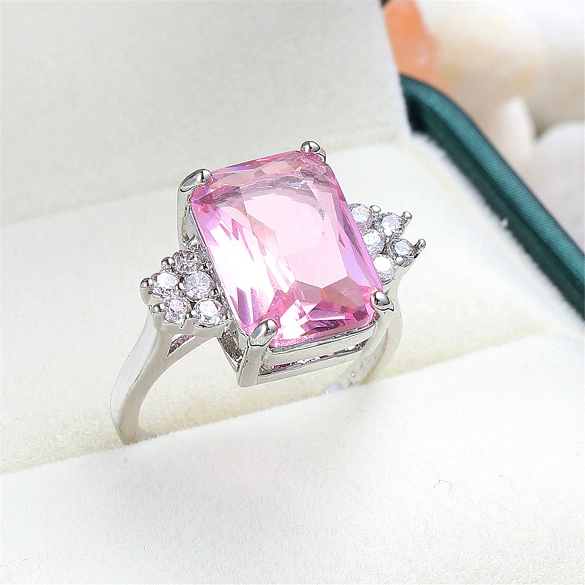 Pink Crystal and Cubic Zirconia Princess-Cut Ring, jewelry gift sets for women, vintage-inspired design, detail close-up
