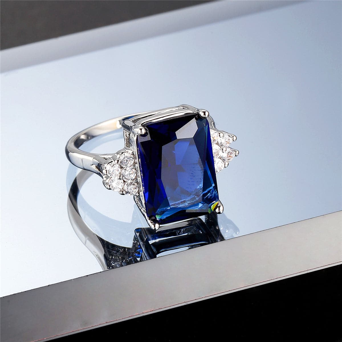 Navy Cubic Zirconia and Silver-Plated Emerald-Cut Ring, silver statement rings for women, botanical inspired, styled look
