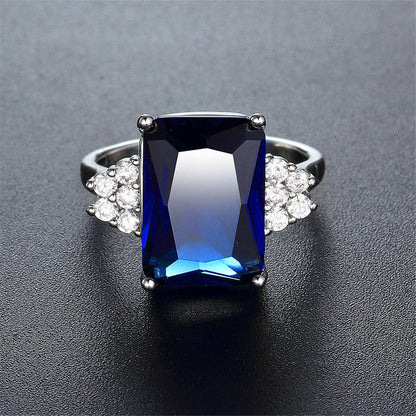 Navy Cubic Zirconia and Silver-Plated Emerald-Cut Ring, silver statement rings for women, botanical inspired, side view