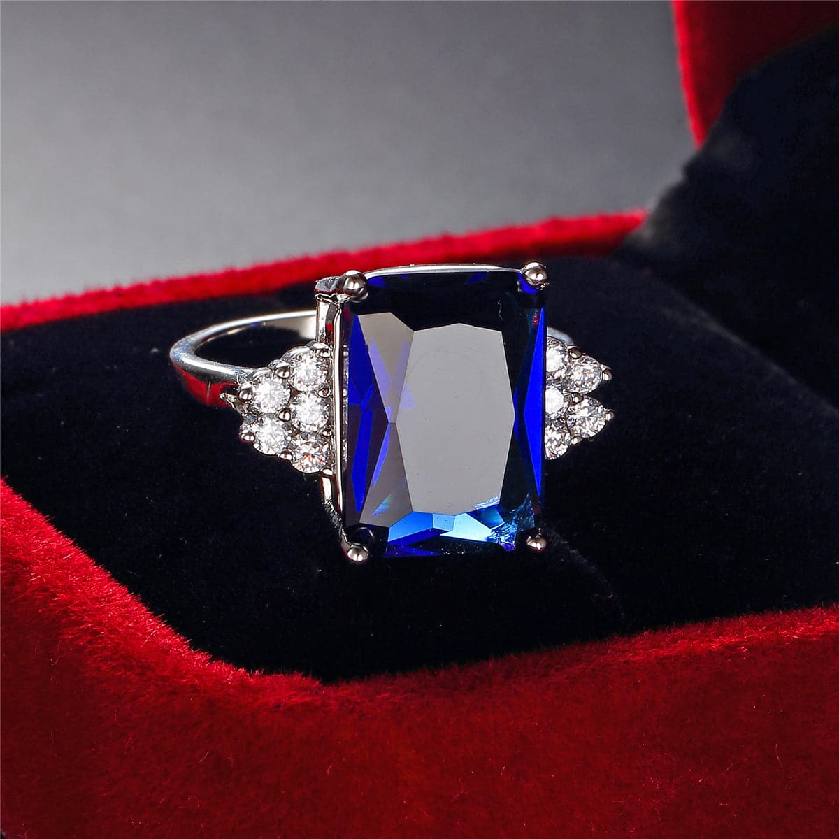 Navy Cubic Zirconia and Silver-Plated Emerald-Cut Ring, silver statement rings for women, botanical inspired, detail close-up