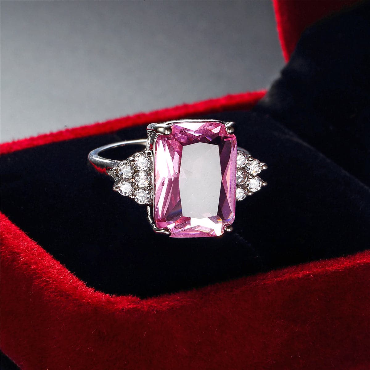Pink Crystal and Cubic Zirconia Princess-Cut Ring, jewelry gift sets for women, vintage-inspired design, side view