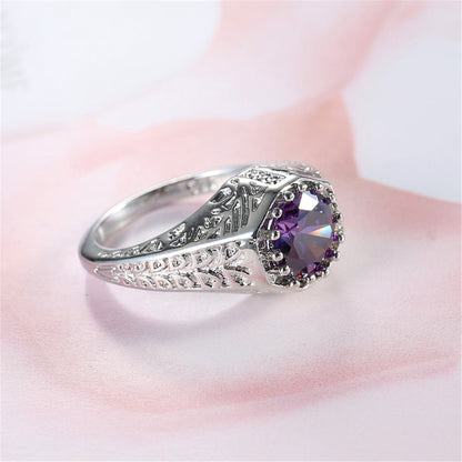 Purple Crystal and Silver-Plated Flush-Band Ring, silver statement rings for women, elegant gift for her, detail close-up
