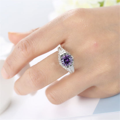 Purple Crystal and Silver-Plated Flush-Band Ring, silver statement rings for women, elegant gift for her, lifestyle look
