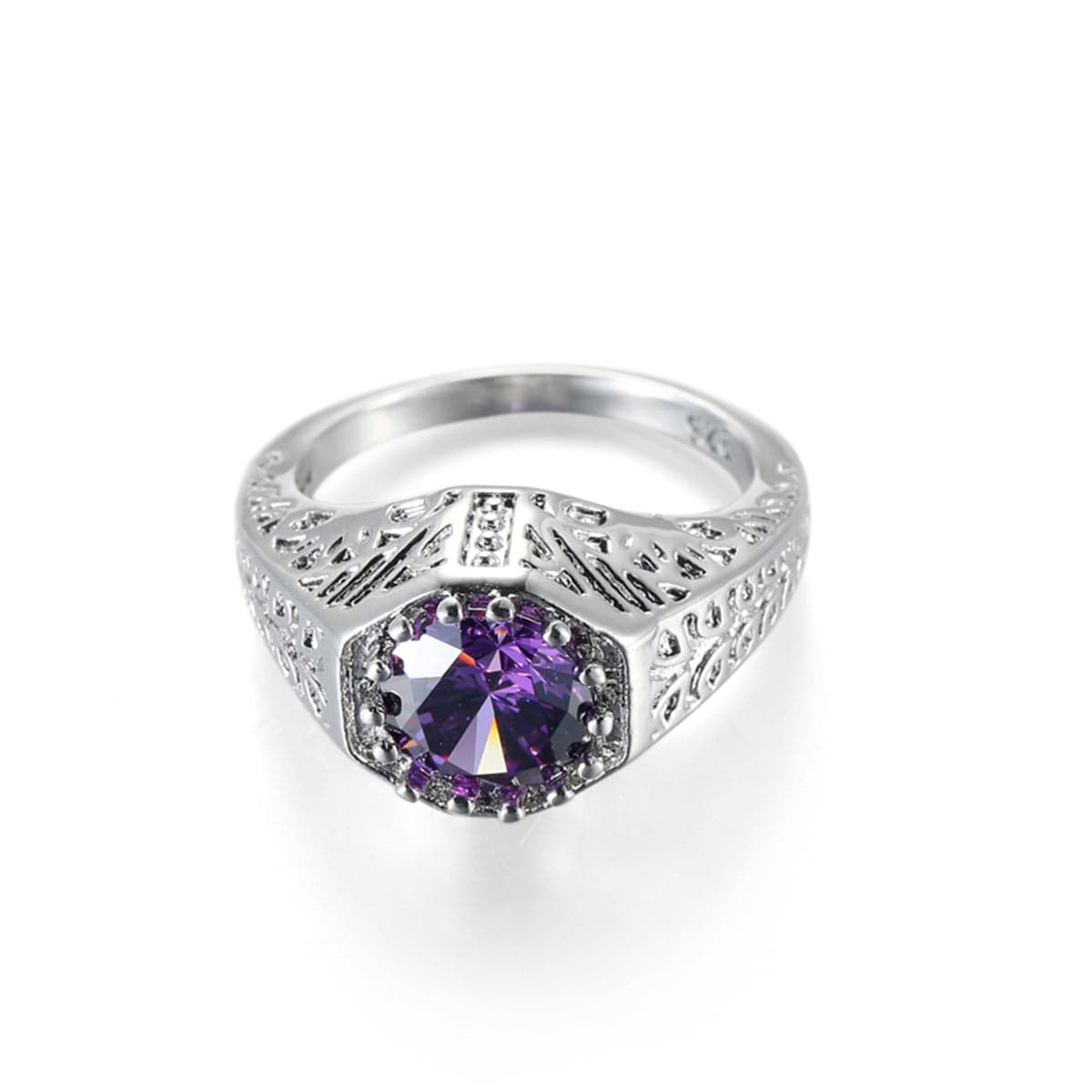 Purple Crystal and Silver-Plated Flush-Band Ring, silver statement rings for women, elegant gift for her, styled look