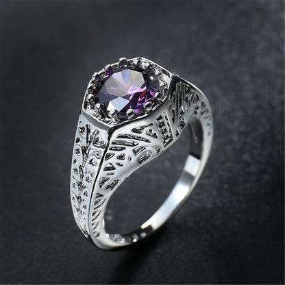 Purple Crystal and Silver-Plated Flush-Band Ring, silver statement rings for women, elegant gift for her, side view