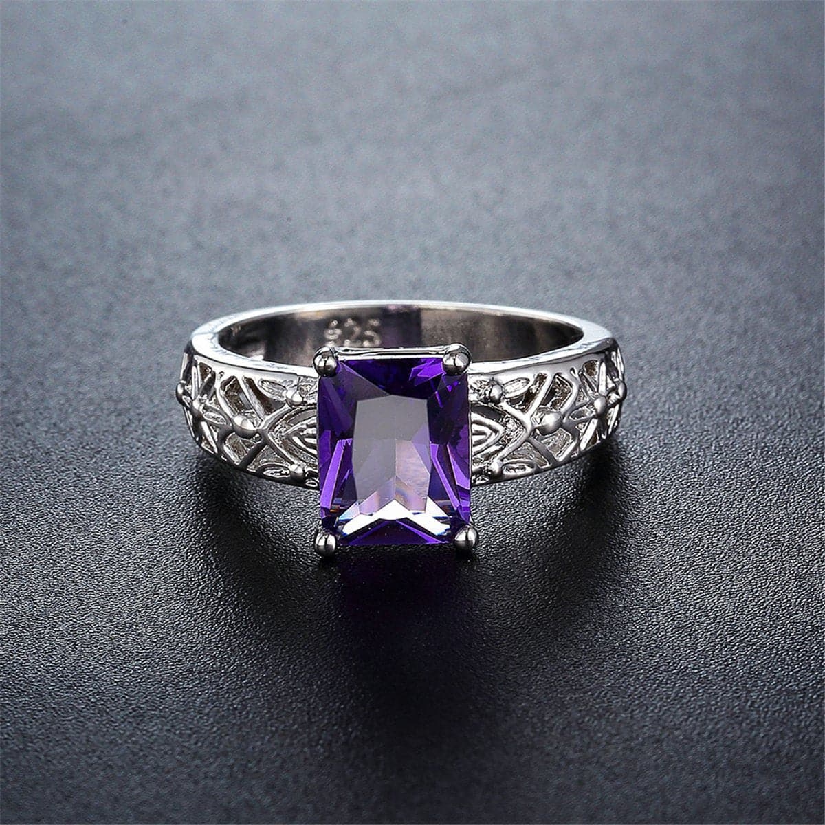 Purple Crystal & Silver-Plated Filigree-Accent Ring