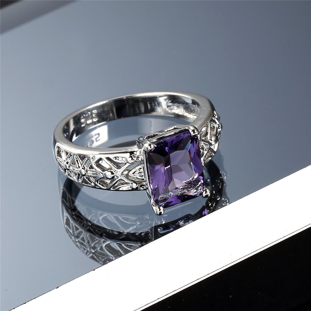 Purple Crystal & Silver-Plated Filigree-Accent Ring