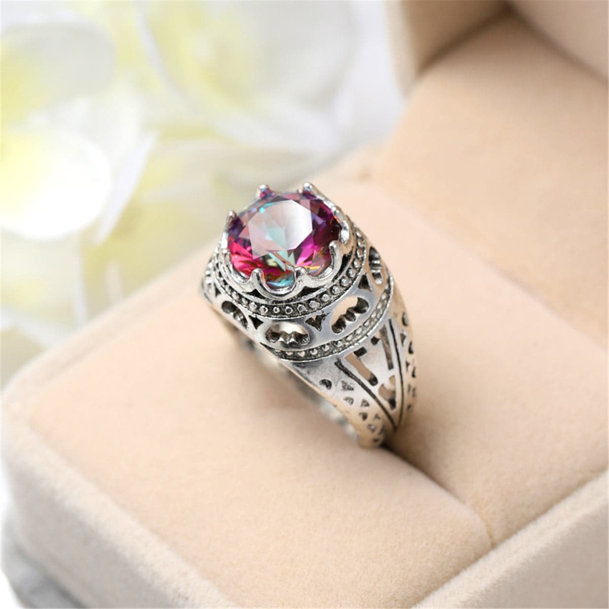 Red Multicolor Crystal & Silver-Plated Openwork-Band Ring