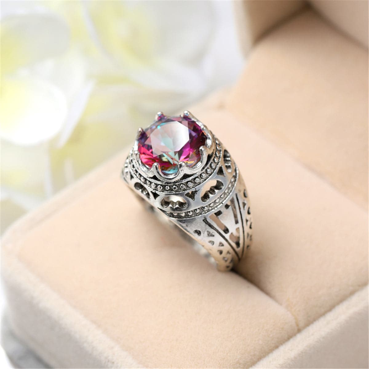 Red Multicolor Crystal and Silver-Plated Openwork-Band Ring, silver statement rings for women, detail close-up