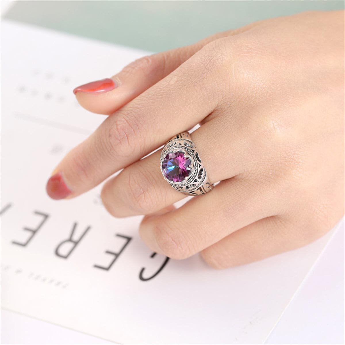 Red Multicolor Crystal and Silver-Plated Openwork-Band Ring, silver statement rings for women, styled look