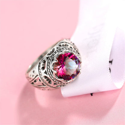 Red Multicolor Crystal and Silver-Plated Openwork-Band Ring, silver statement rings for women, side view
