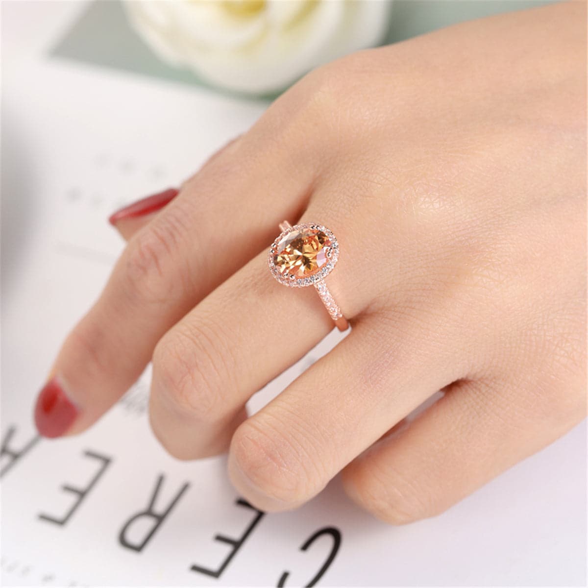 Champagne Crystal and Cubic Zirconia Oval Channel Ring, statement rings for women, everyday style, styled look