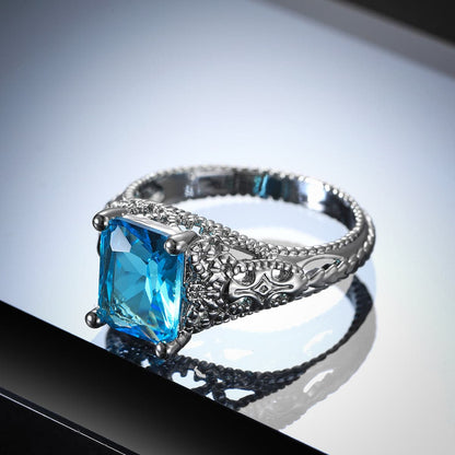 Sea Blue Crystal and Silver-Plated Cushion-Cut Milgrain Ring, silver statement rings for women, detail close-up