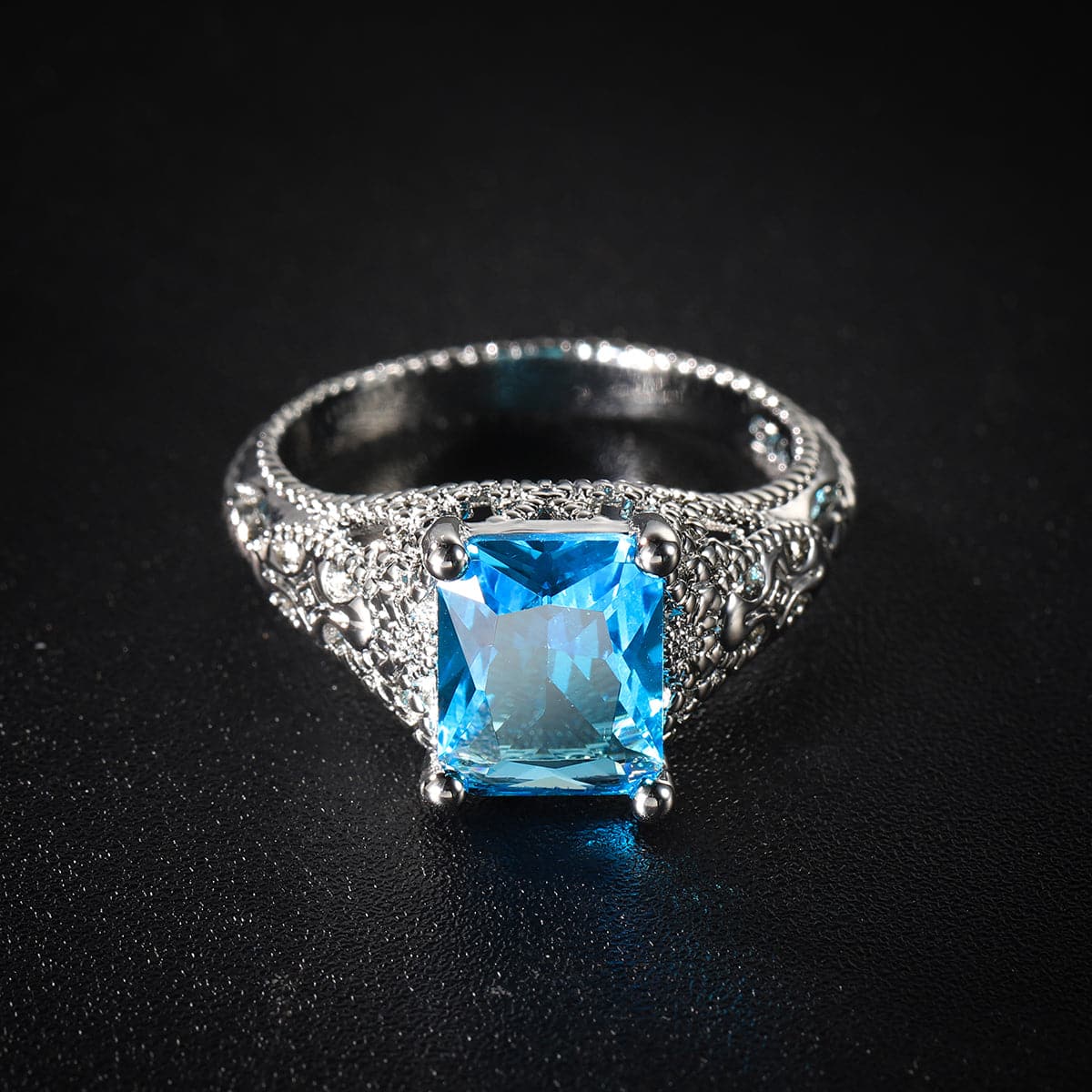 Sea Blue Crystal and Silver-Plated Cushion-Cut Milgrain Ring, silver statement rings for women, lifestyle look