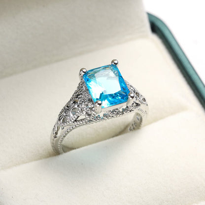 Sea Blue Crystal and Silver-Plated Cushion-Cut Milgrain Ring, silver statement rings for women, side view