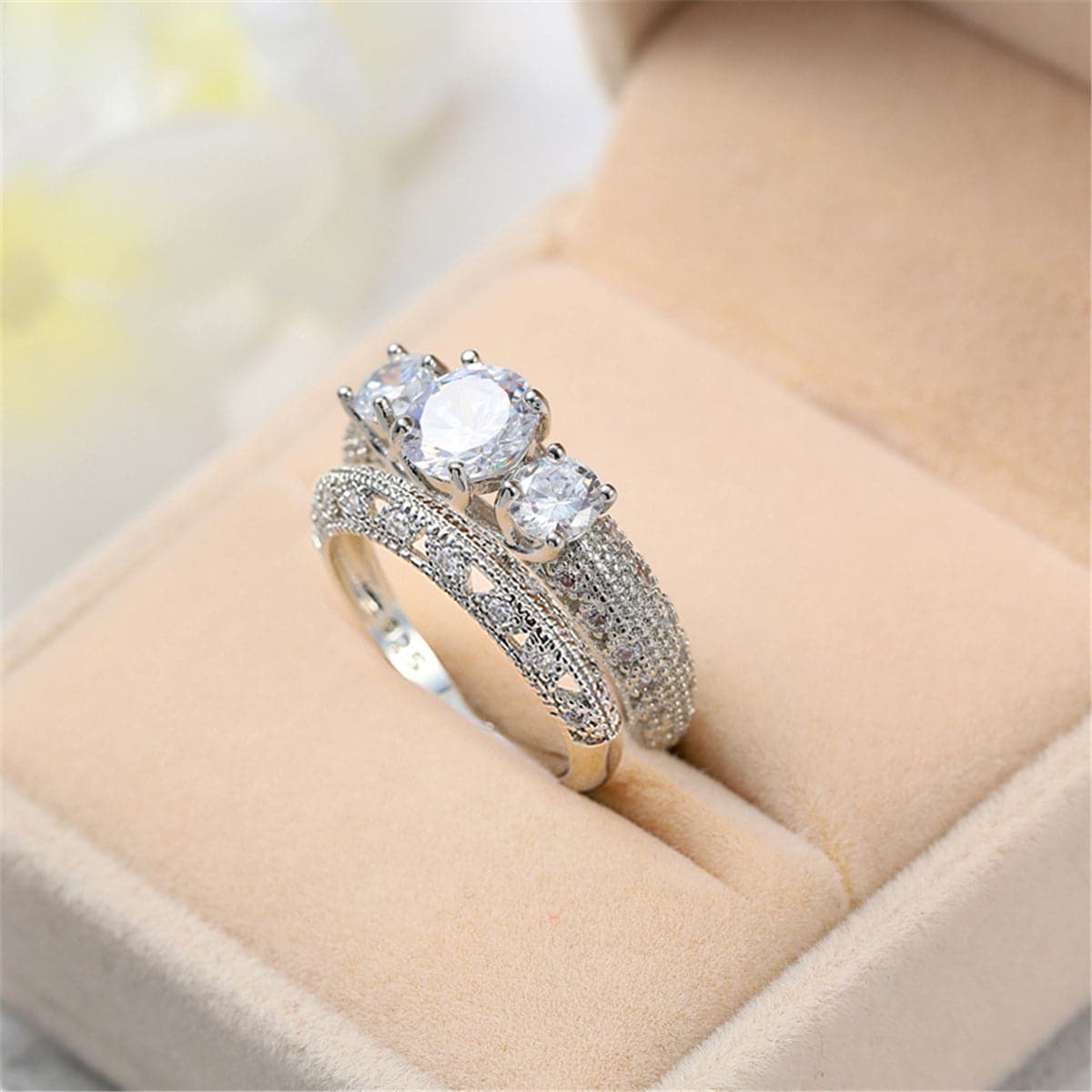 Cubic Zirconia and Silver-Plated Band Set, jewelry gift sets for women, botanical inspired, detail close-up