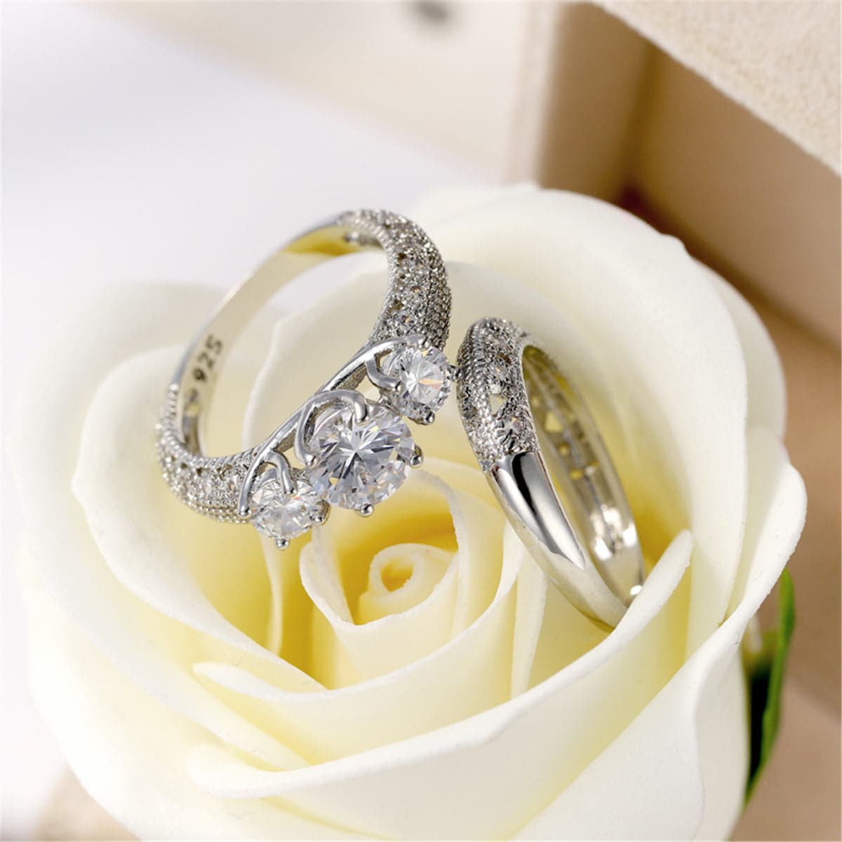 Cubic Zirconia and Silver-Plated Band Set, jewelry gift sets for women, botanical inspired, lifestyle look