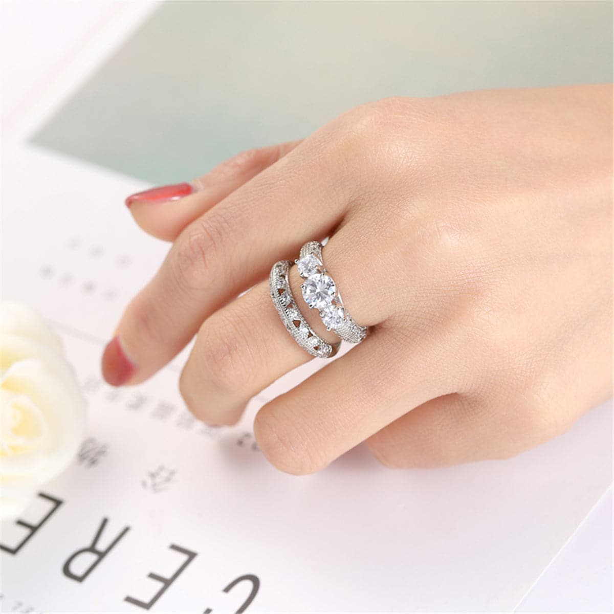 Cubic Zirconia & Silver-Plated Band Set