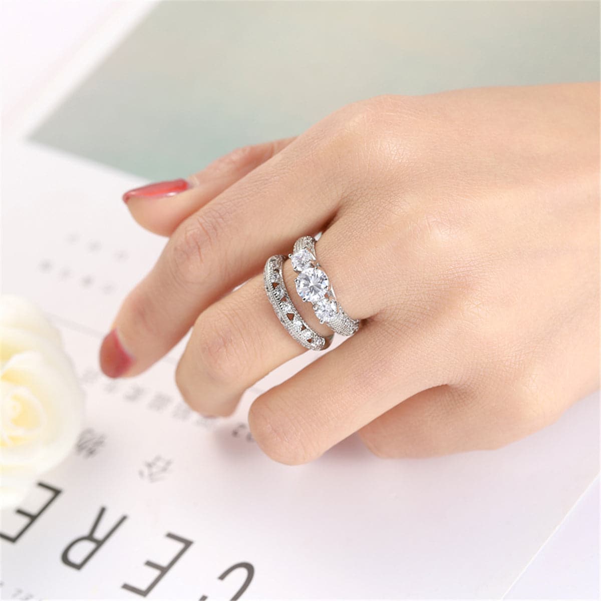 Cubic Zirconia and Silver-Plated Band Set, jewelry gift sets for women, botanical inspired, styled look