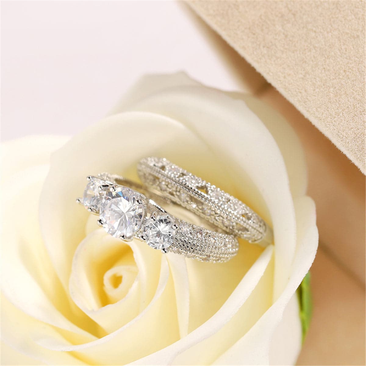 Cubic Zirconia and Silver-Plated Band Set, jewelry gift sets for women, botanical inspired, side view