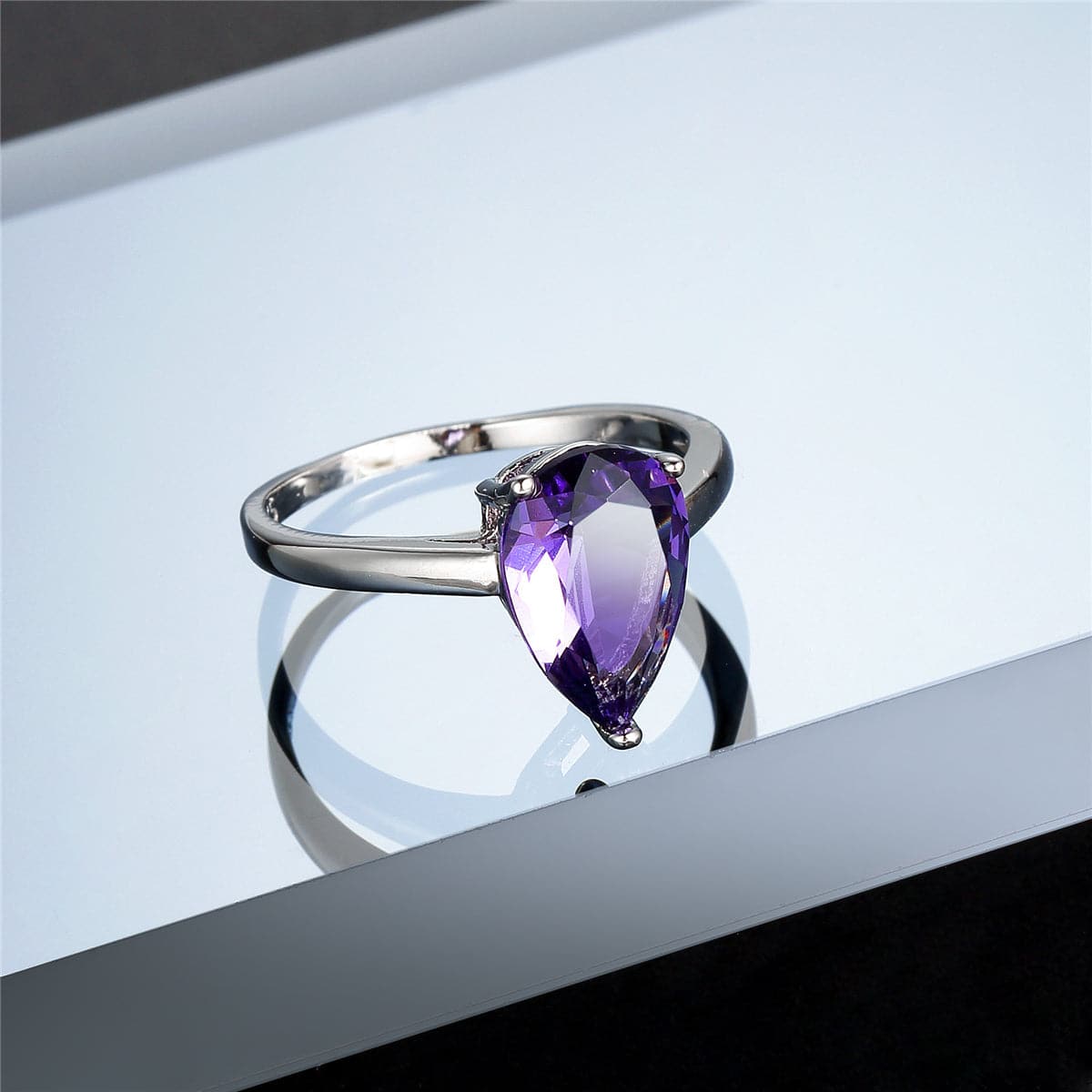 Purple Crystal & Silver-Plated Pear-Cut Ring