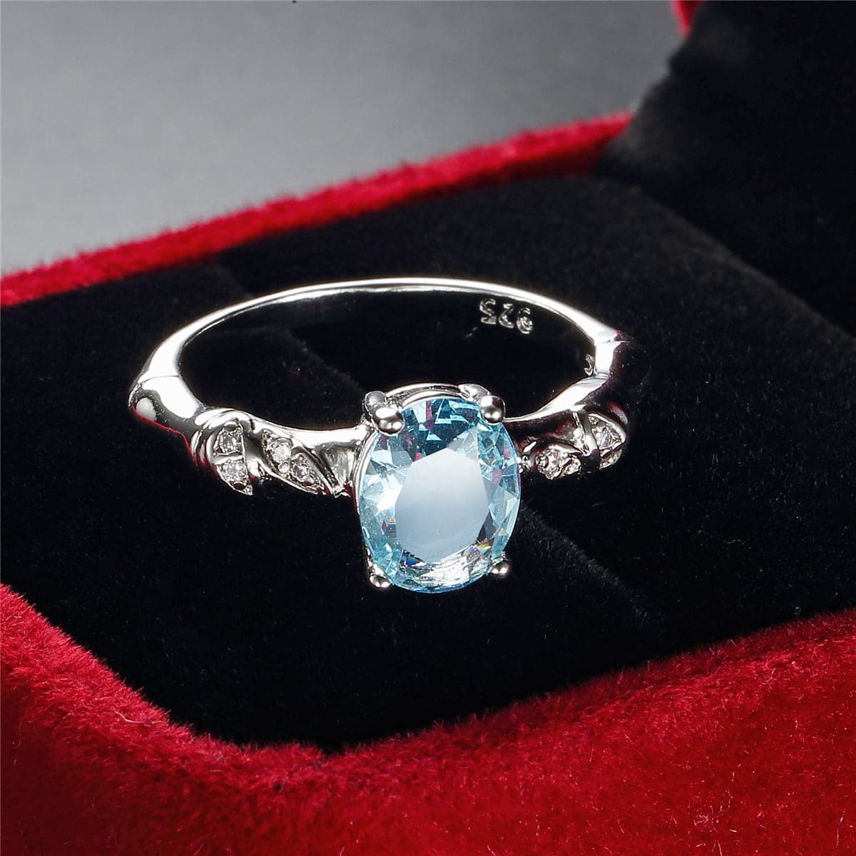 Sea Blue Crystal and Cubic Zirconia Bamboo Ring, jewelry gift sets for women, everyday style, side view