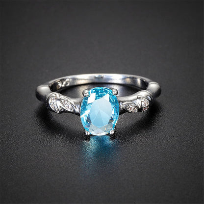 Sea Blue Crystal and Cubic Zirconia Bamboo Ring, jewelry gift sets for women, everyday style, detail close-up