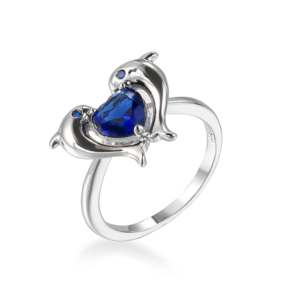 Navy Crystal & Cubic Zirconia Dolphin Heart-Cut Ring
