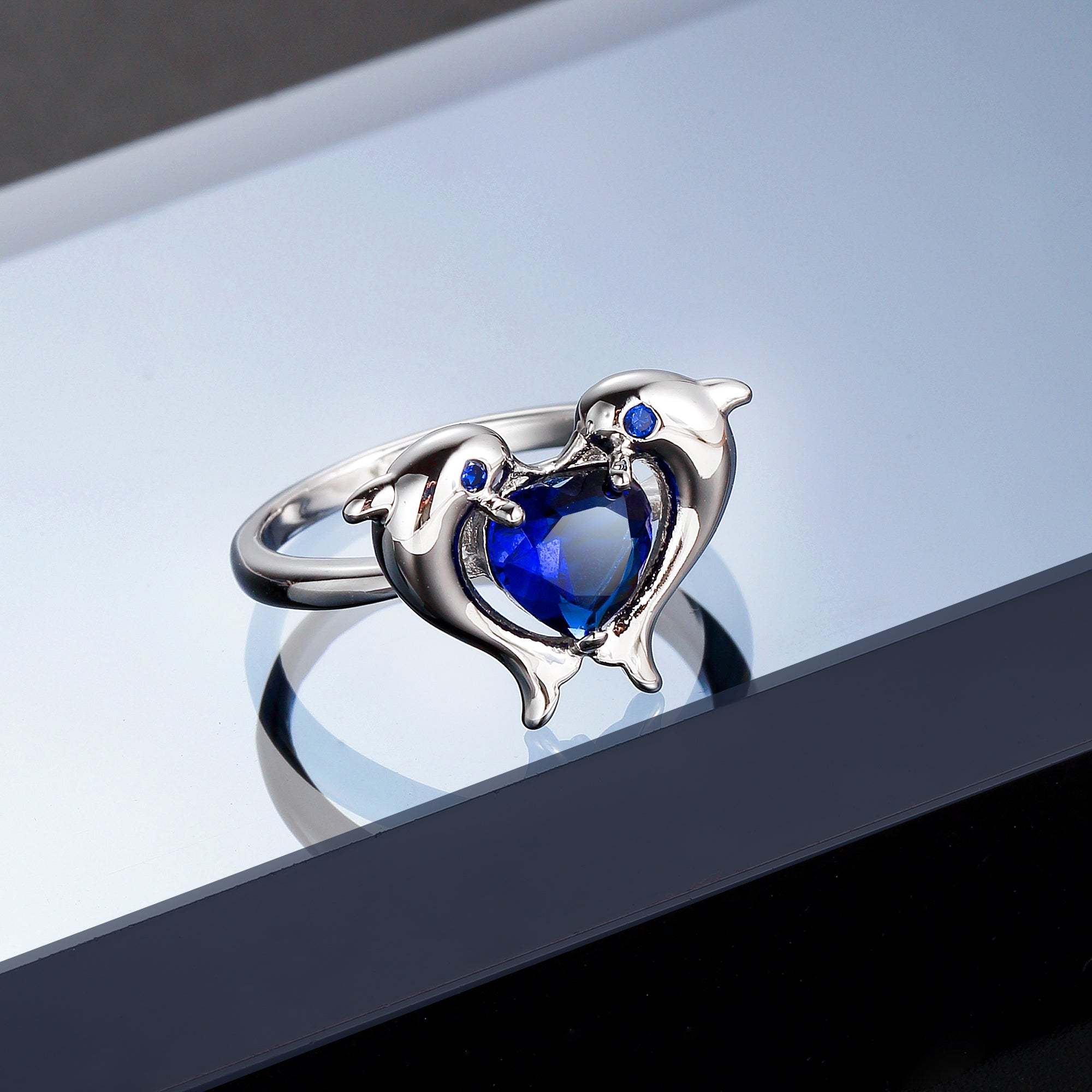 Navy Crystal & Cubic Zirconia Dolphin Heart-Cut Ring