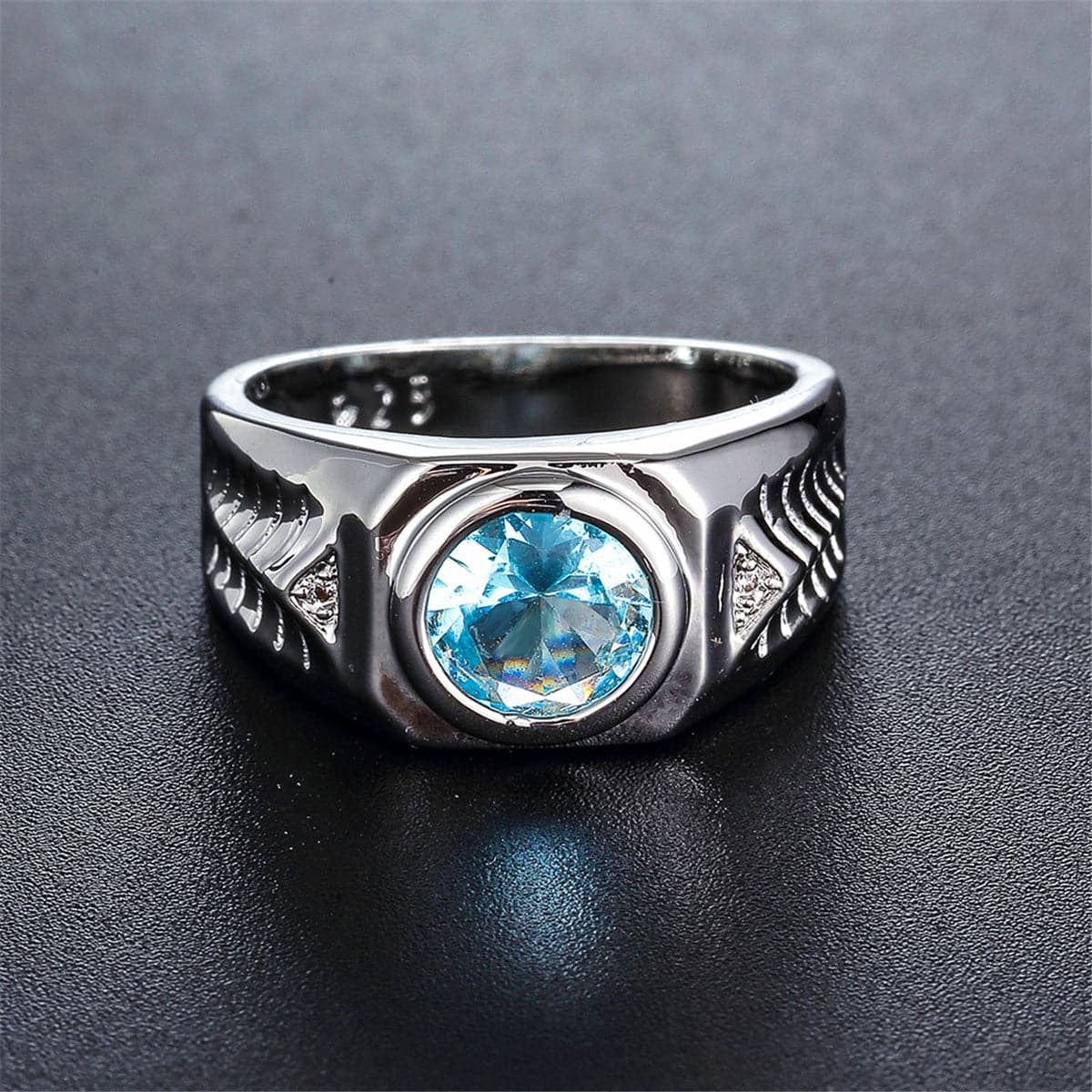Sea Blue Crystal and Silver-Plated Band Ring, silver statement rings for women, botanical inspired, detail close-up