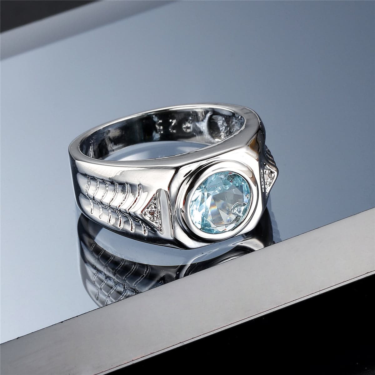 Sea Blue Crystal and Silver-Plated Band Ring, silver statement rings for women, botanical inspired, side view