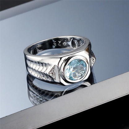 Sea Blue Crystal and Silver-Plated Band Ring, silver statement rings for women, botanical inspired, side view