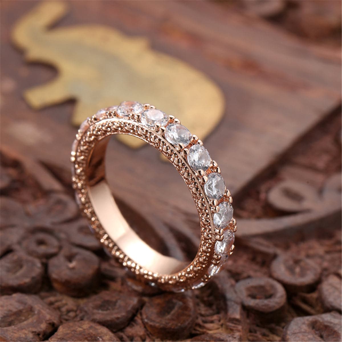 Cubic Zirconia and 18K Rose Gold-Plated Eternity Ring, rose gold statement rings for women, detail close-up