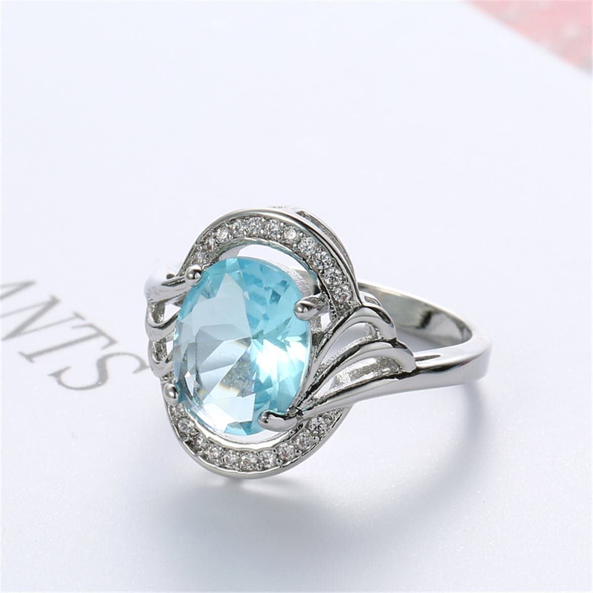 Sea Blue Crystal and Cubic Zirconia Wave Ring, statement rings for women, elegant gift for her, detail close-up