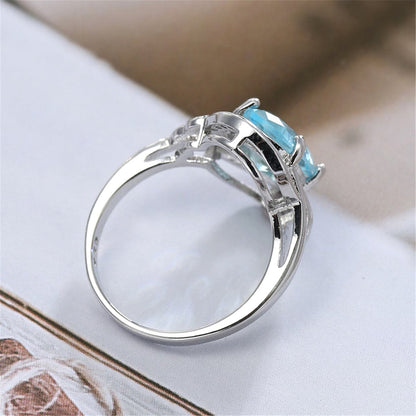 Sea Blue Crystal and Cubic Zirconia Wave Ring, statement rings for women, elegant gift for her, side view