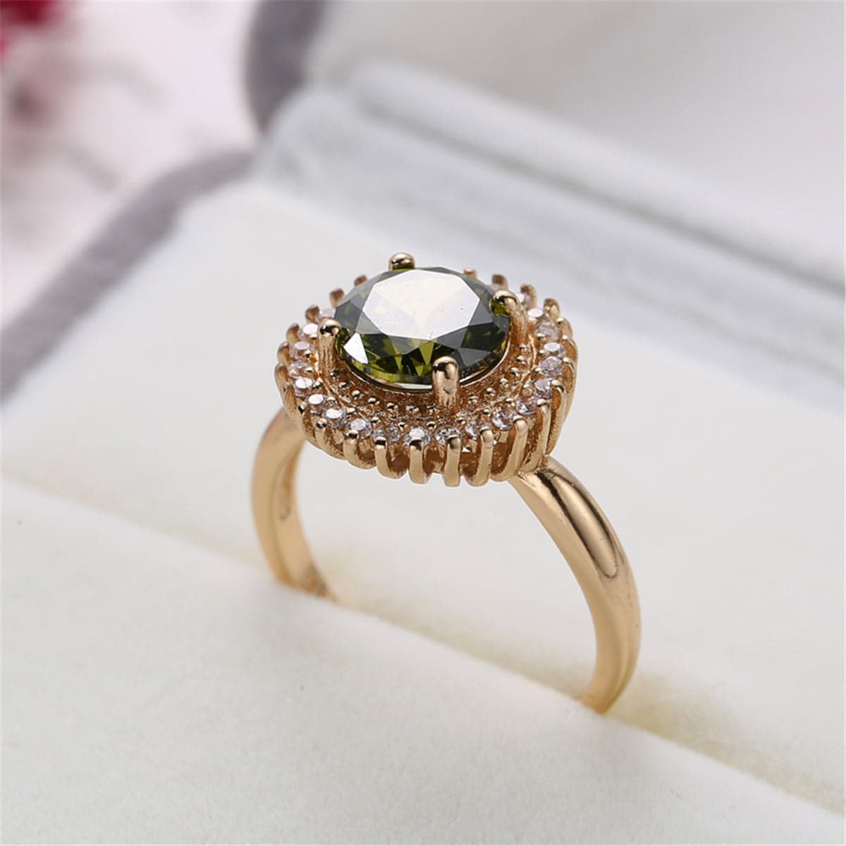 Olive Crystal and Cubic Zirconia 18K Rose Gold-Plated Sunflower Ring, rose gold statement rings for women, detail close-up