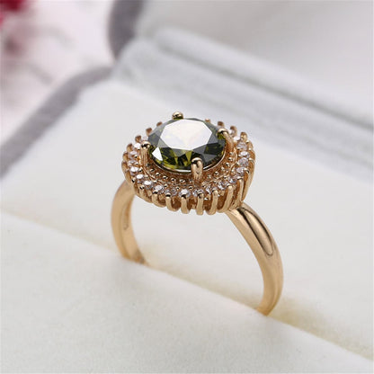 Olive Crystal and Cubic Zirconia 18K Rose Gold-Plated Sunflower Ring, rose gold statement rings for women, detail close-up