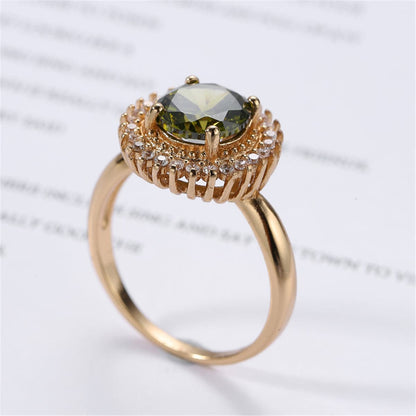 Olive Crystal and Cubic Zirconia 18K Rose Gold-Plated Sunflower Ring, rose gold statement rings for women, lifestyle look