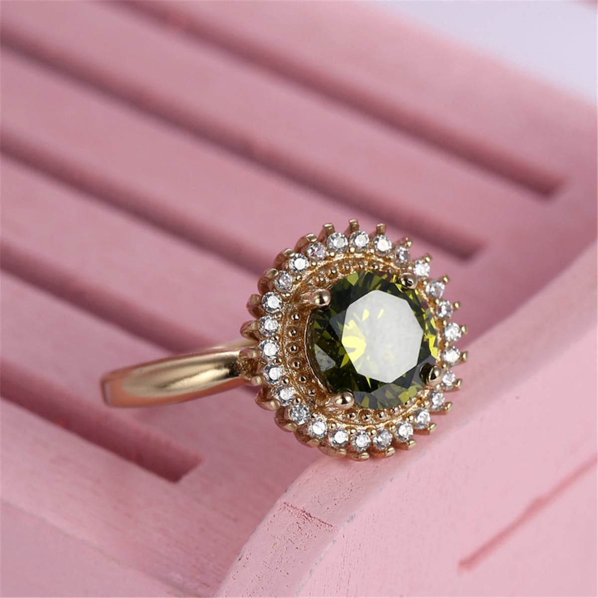 Olive Crystal and Cubic Zirconia 18K Rose Gold-Plated Sunflower Ring, rose gold statement rings for women, side view