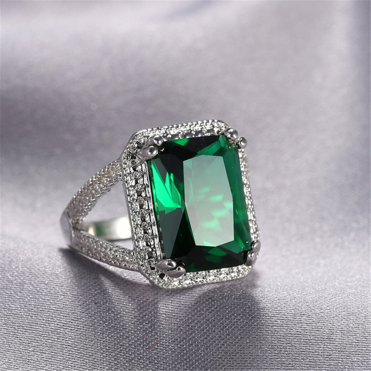 Green Crystal & Silver-Plated Princess Ring