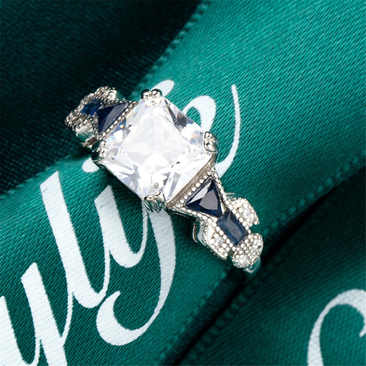 Crystal and Silver-Plated Princess-Cut Prong-Set Ring, silver statement rings for women, vintage-inspired design, side view