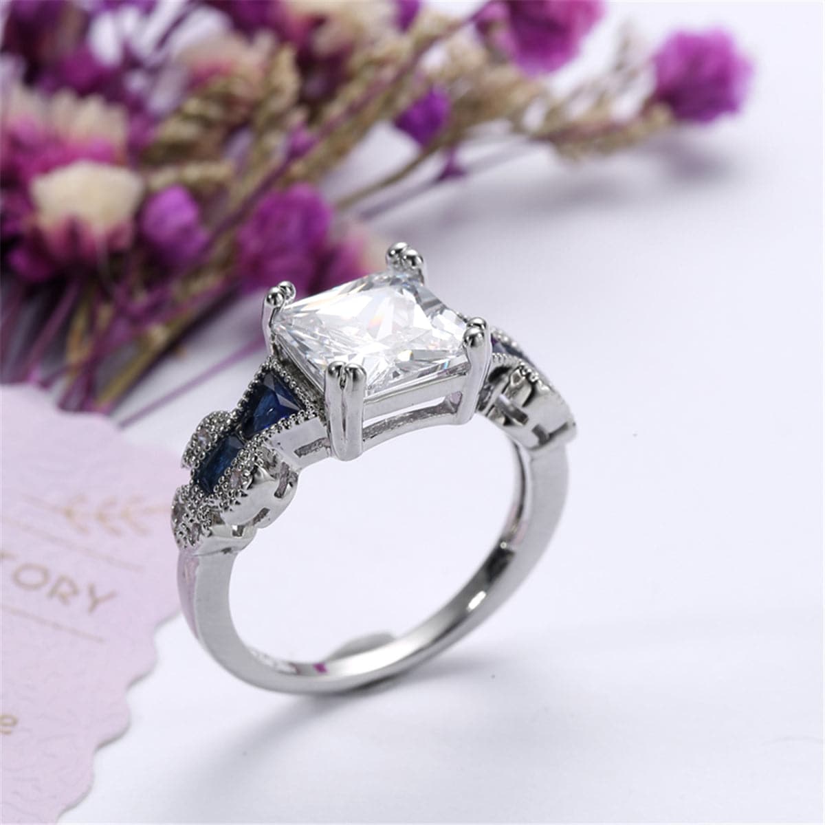 Crystal and Silver-Plated Princess-Cut Prong-Set Ring, silver statement rings for women, detail close-up