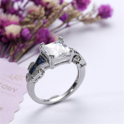 Crystal and Silver-Plated Princess-Cut Prong-Set Ring, silver statement rings for women, detail close-up