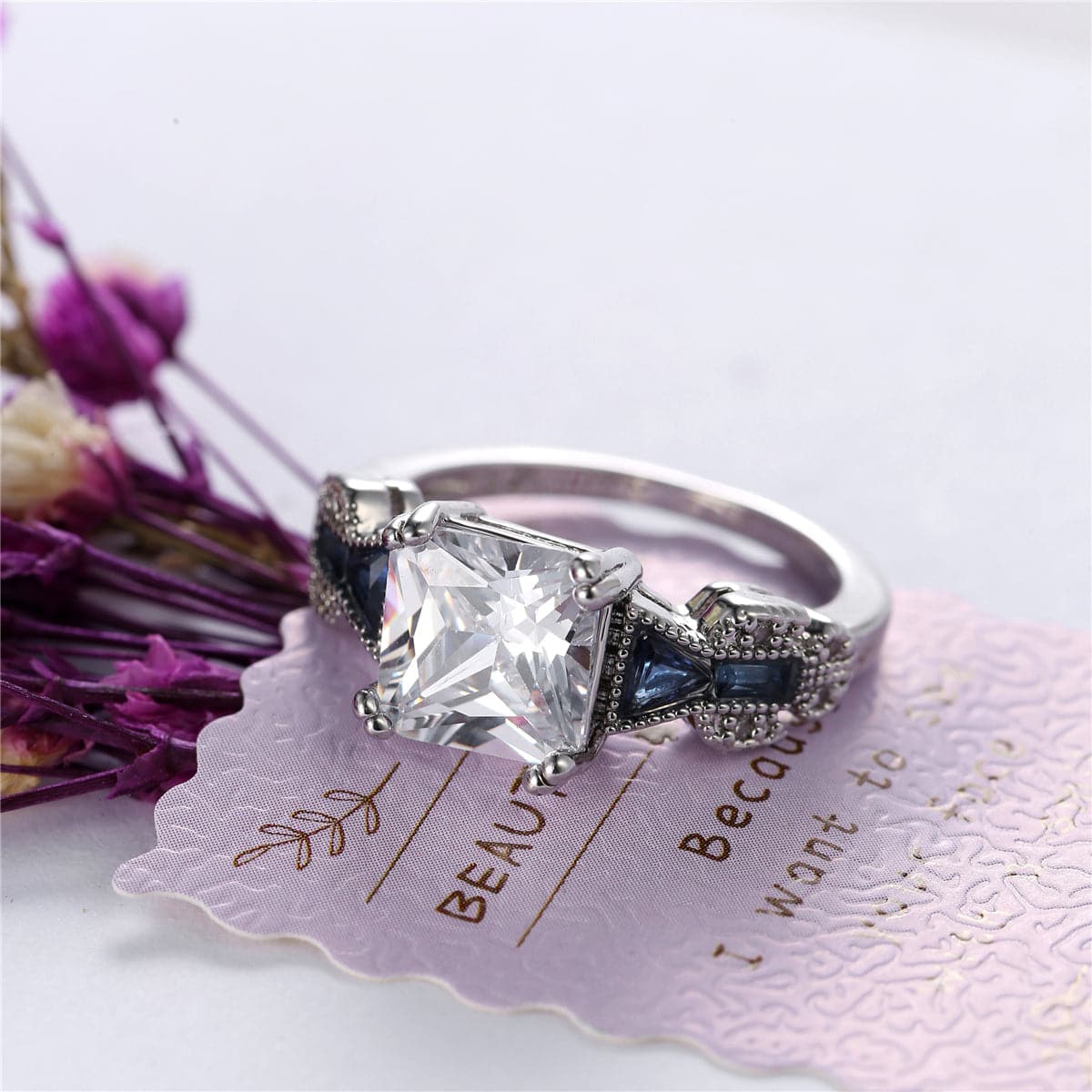 Crystal and Silver-Plated Princess-Cut Prong-Set Ring, silver statement rings for women, lifestyle look