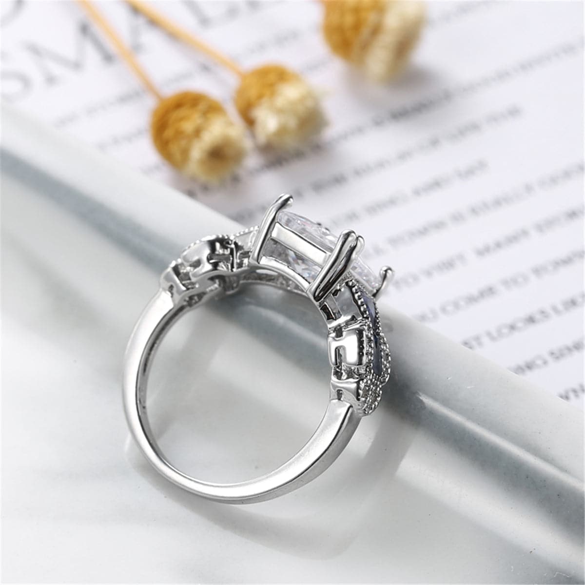 Crystal and Silver-Plated Princess-Cut Prong-Set Ring, silver statement rings for women, vintage-inspired design, styled look