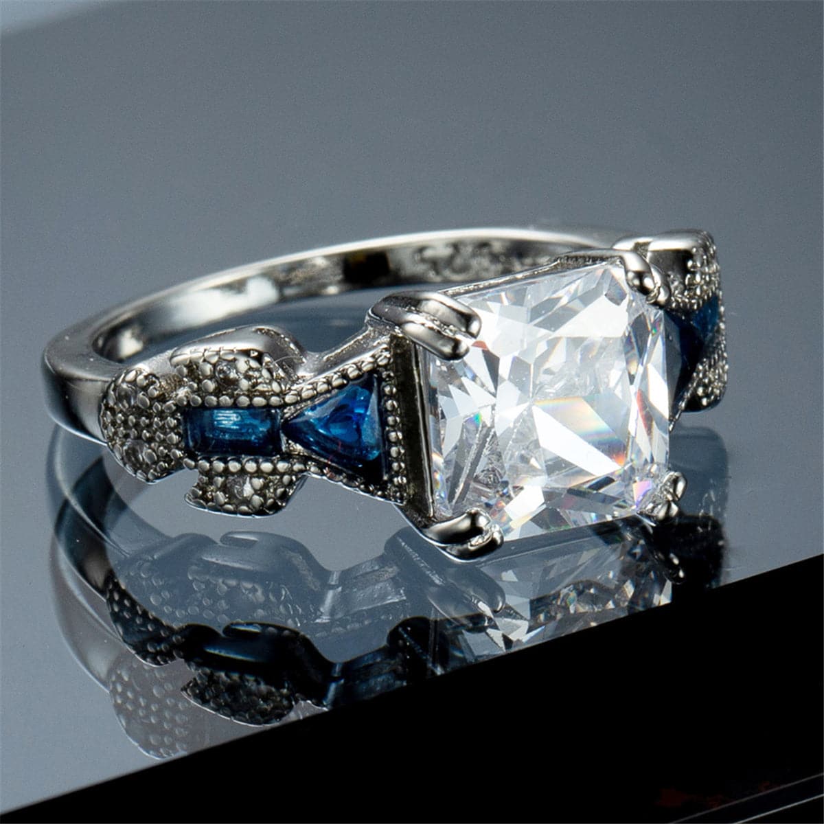 Crystal & Silver-Plated Princess-Cut Prong-Set Ring