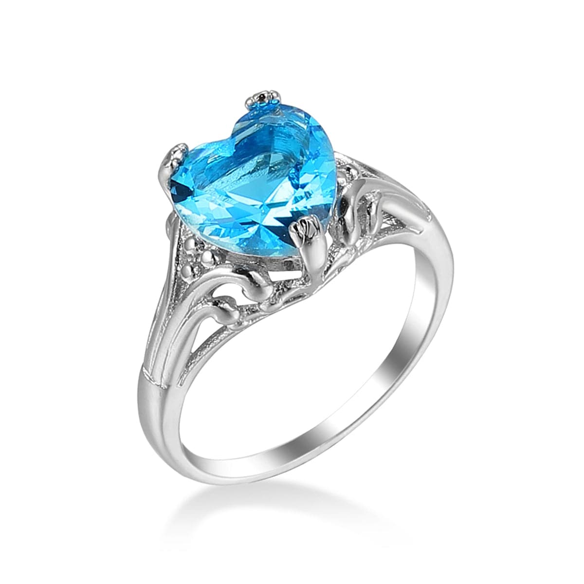 Sea Blue Crystal and Silver-Plated Heart Ring, silver statement rings for women, elegant gift for her, front view