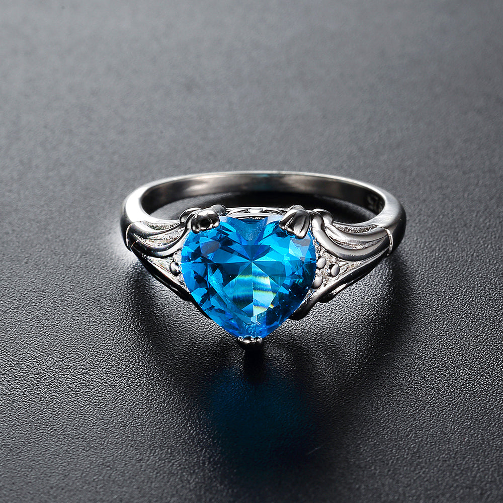 Sea Blue Crystal and Silver-Plated Heart Ring, silver statement rings for women, elegant gift for her, side view