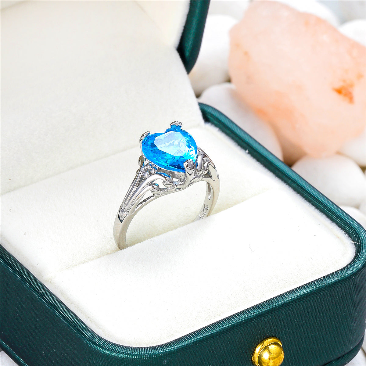 Sea Blue Crystal and Silver-Plated Heart Ring, silver statement rings for women, elegant gift for her, lifestyle look