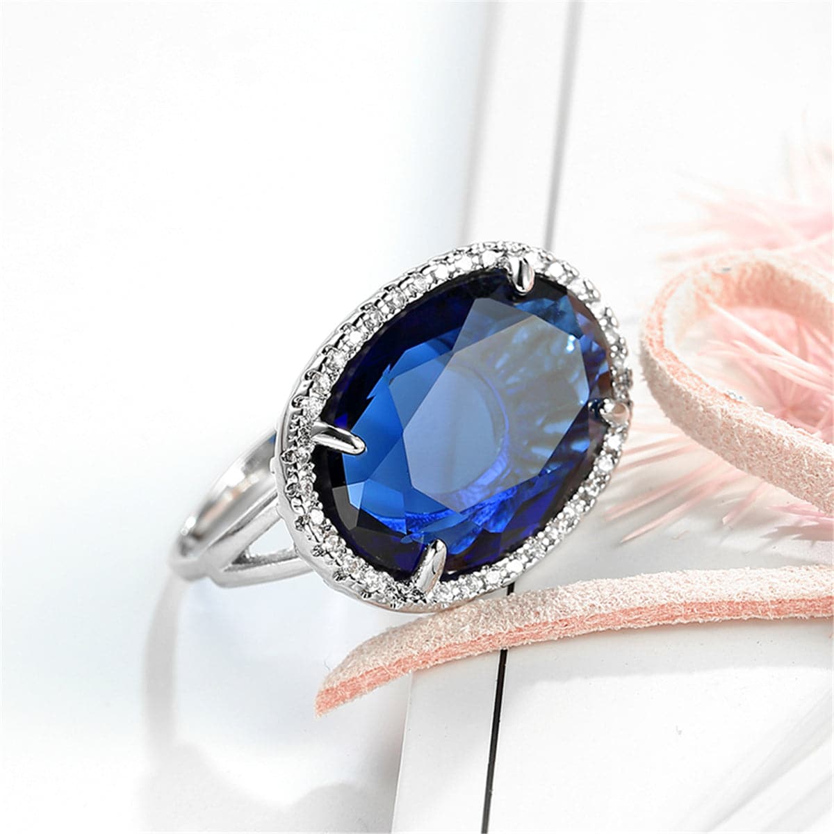 Navy Crystal and Cubic Zirconia Oval-Cut Ring, statement rings for women, vintage-inspired design, lifestyle look